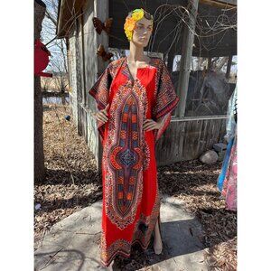 70s Red Dashiki Maxi Dress / Hand Printed / Large Indian Bell Sleeve Ethnic Dres